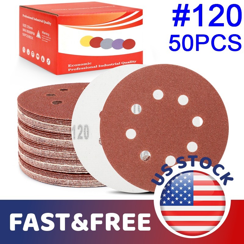 50x 5inch Sanding Discs 120 Grit Hook Loop 8-Hole Orbital Sander Paper DIY Acces