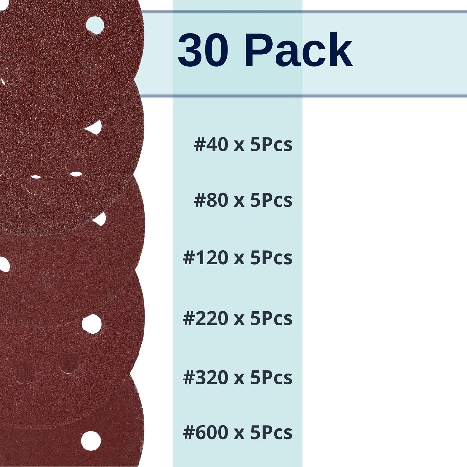 Bates 5-Inch Sanding Discs, 30 Pack with Assorted Grits for Precision Finishing