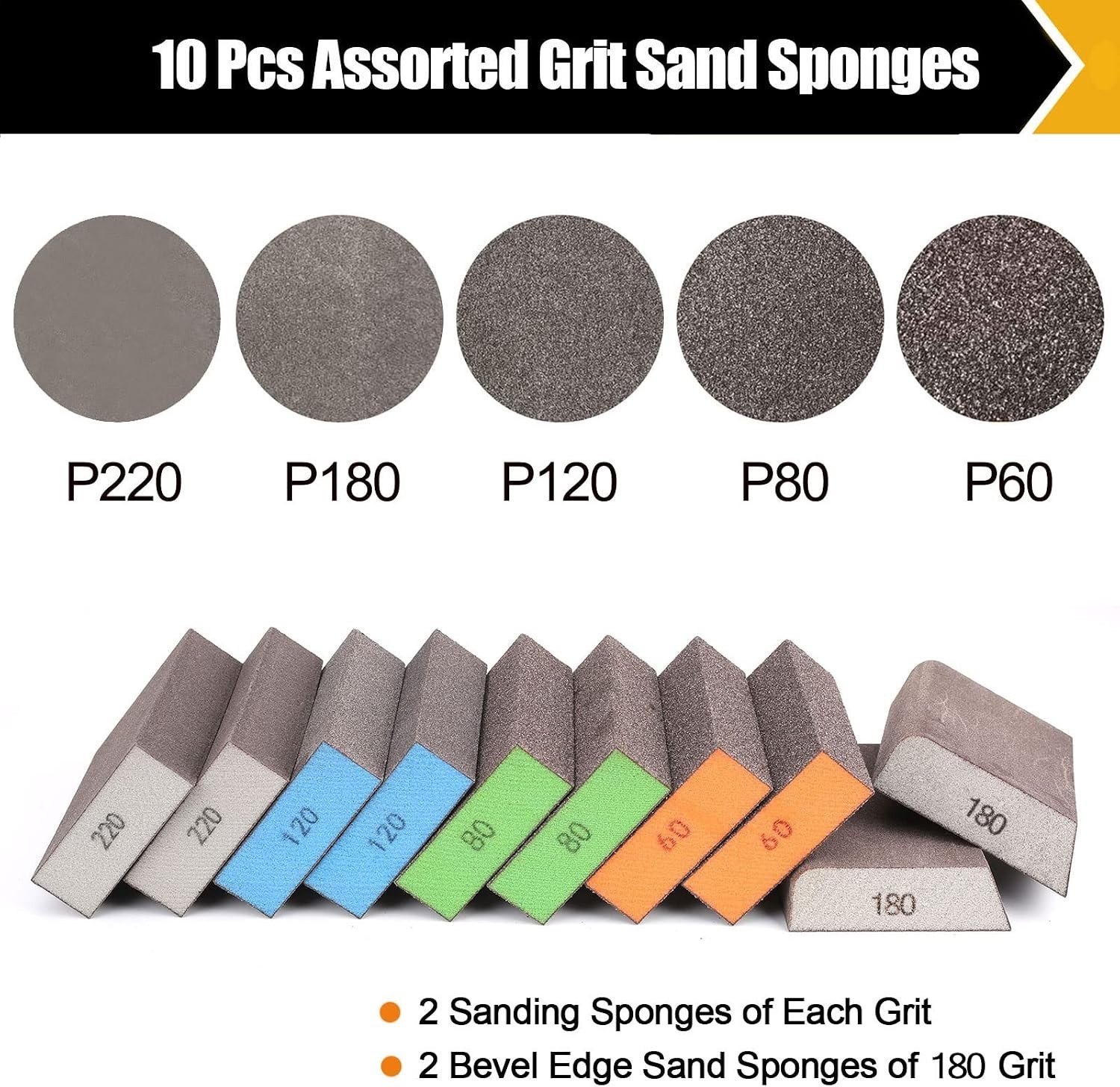 10 Pcs Sanding Sponge Set, 220 Grit: 4 Pcs, 60/80/100/120/180 Grit: 2 Pcs Eac…