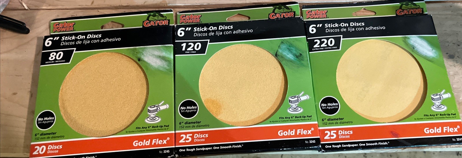 Lot Of 3 Gator Power 6 Inch Stuck On Sanding Discs Gold Flex New 80-120-220 A31