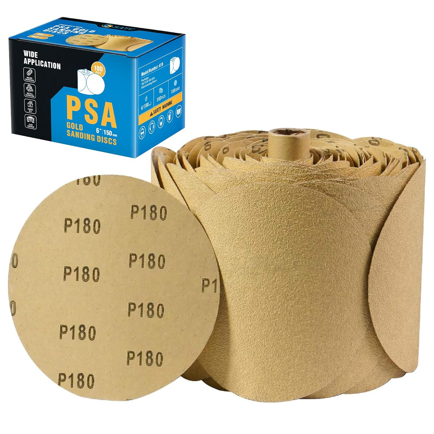 S SATC 100 PCS PSA Sanding Discs 6 Inch Adhesive Backed Sandpaper 180 Grit Sande