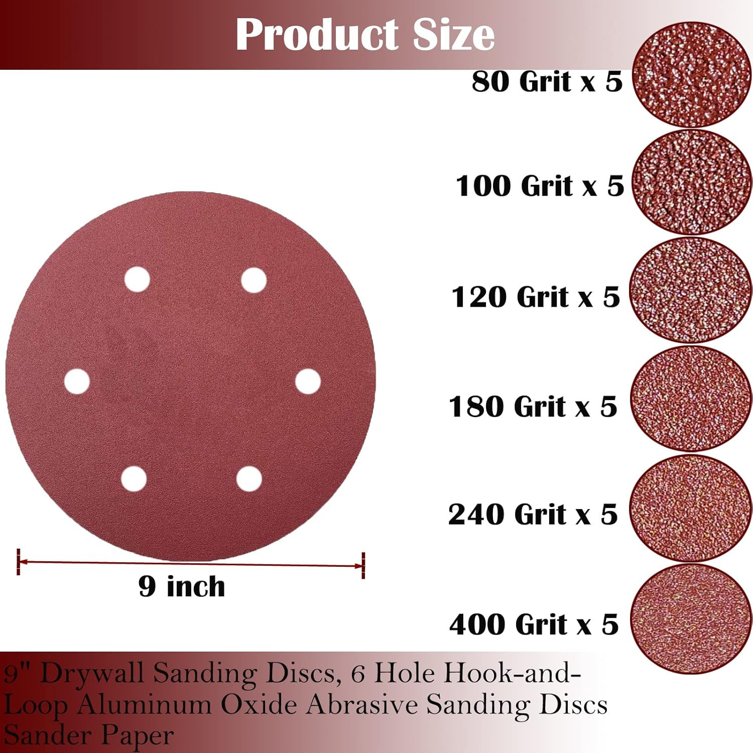 30 PCS 9 Inch 6 Hole Drywall Sanding Discs Set- 80 100 120 180 240 400 Grits, 9″
