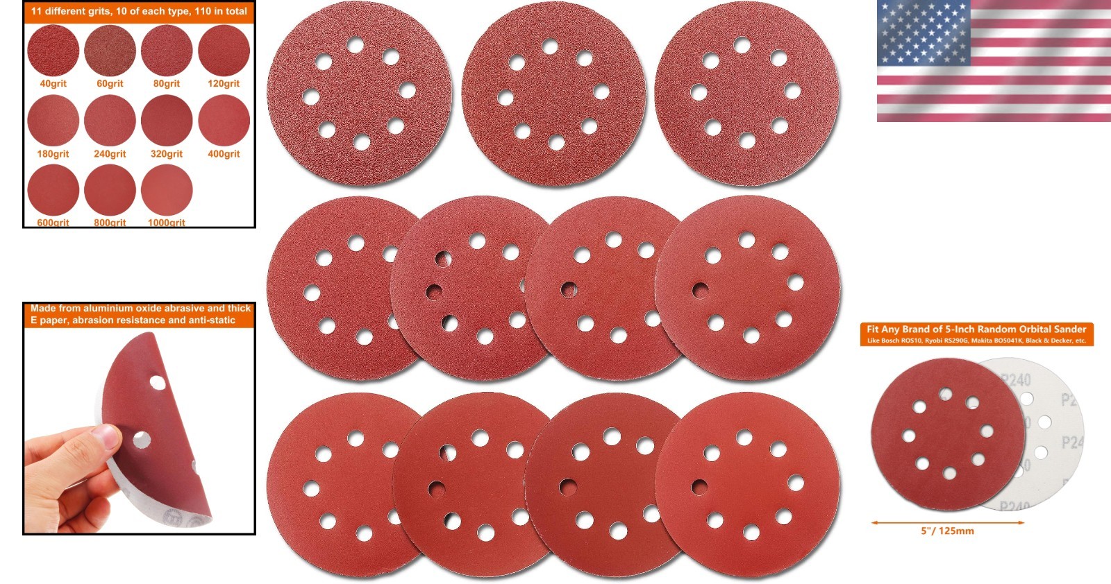 110 PCS 5-Inch Hook and Loop Sanding Discs, Assorted Grits 40-1000 for Optima…