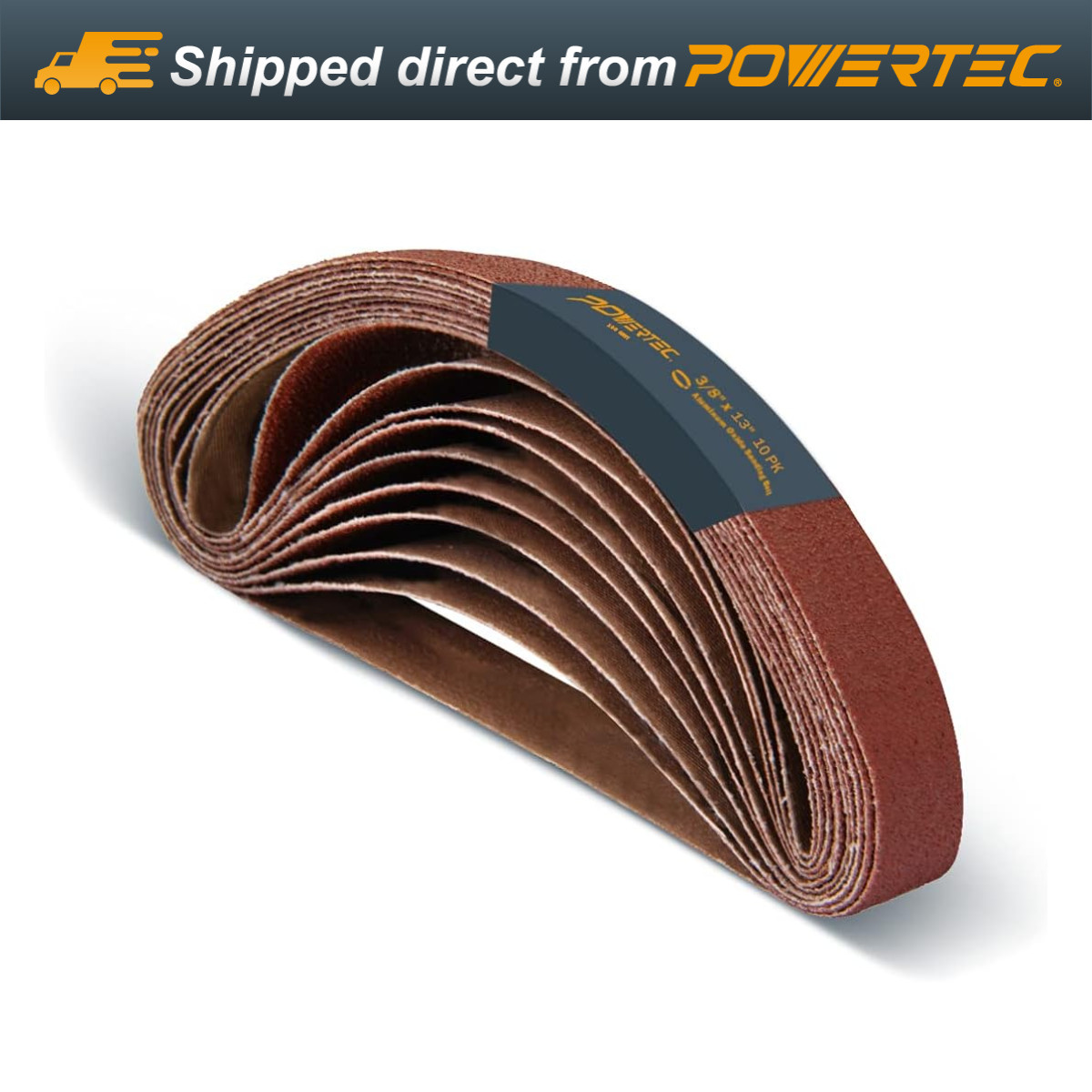 POWERTEC 401310 3/8 x 13 Inch Sanding Belts, 100 Grit A/O Belt Sander, 10PK