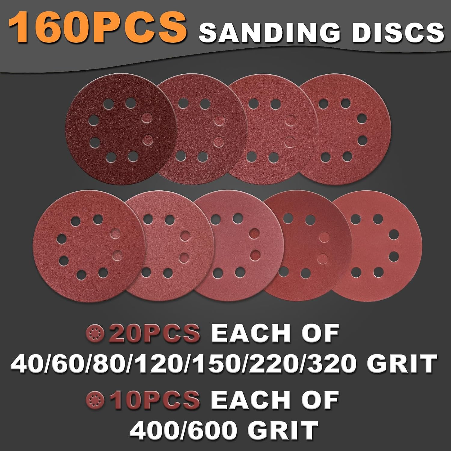 160Pcs 5-Inch 8-Hole Hook & Loop 40-600 Assorted Grit Sanding Discs | Round