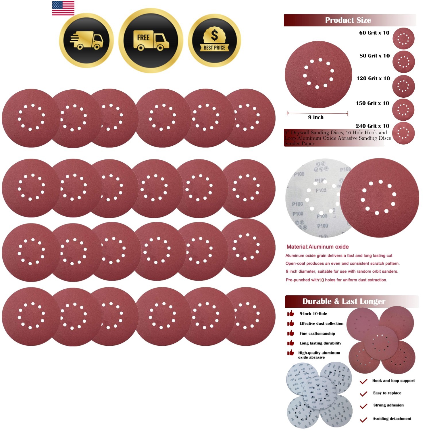 50 PCS 9-Inch 10-Hole Hook-and-Loop Sanding Discs for Drywall Sander -10 Pack…