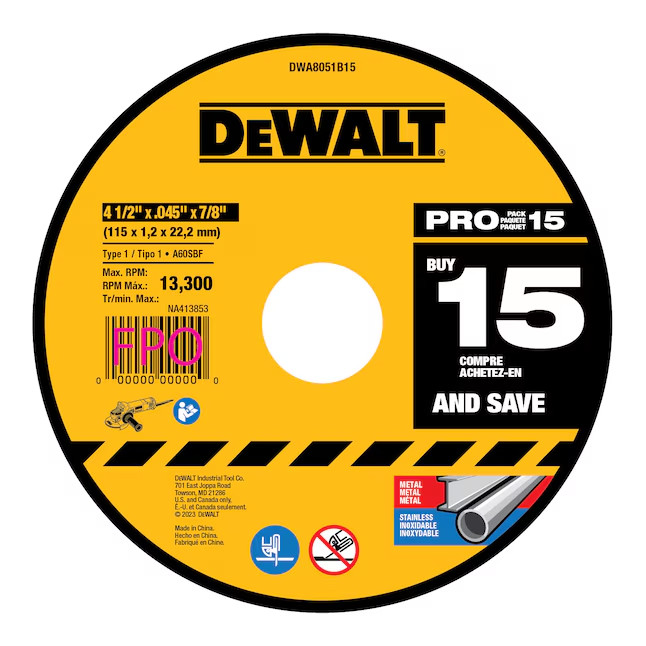 DEWALT 15-Pack 4.5″ Bonded Abrasive Cut-Off Wheels Metal Cutting Grinding Discs