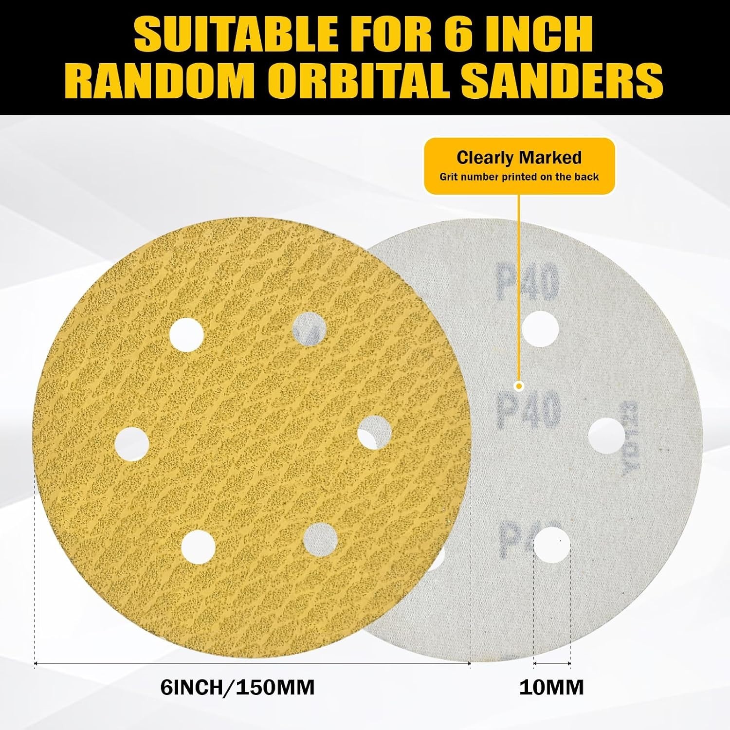 100Pcs 6 Inch 6-Hole Hook&Loop Sanding Discs, 180 Grit Diamond Yellow Sand, D…