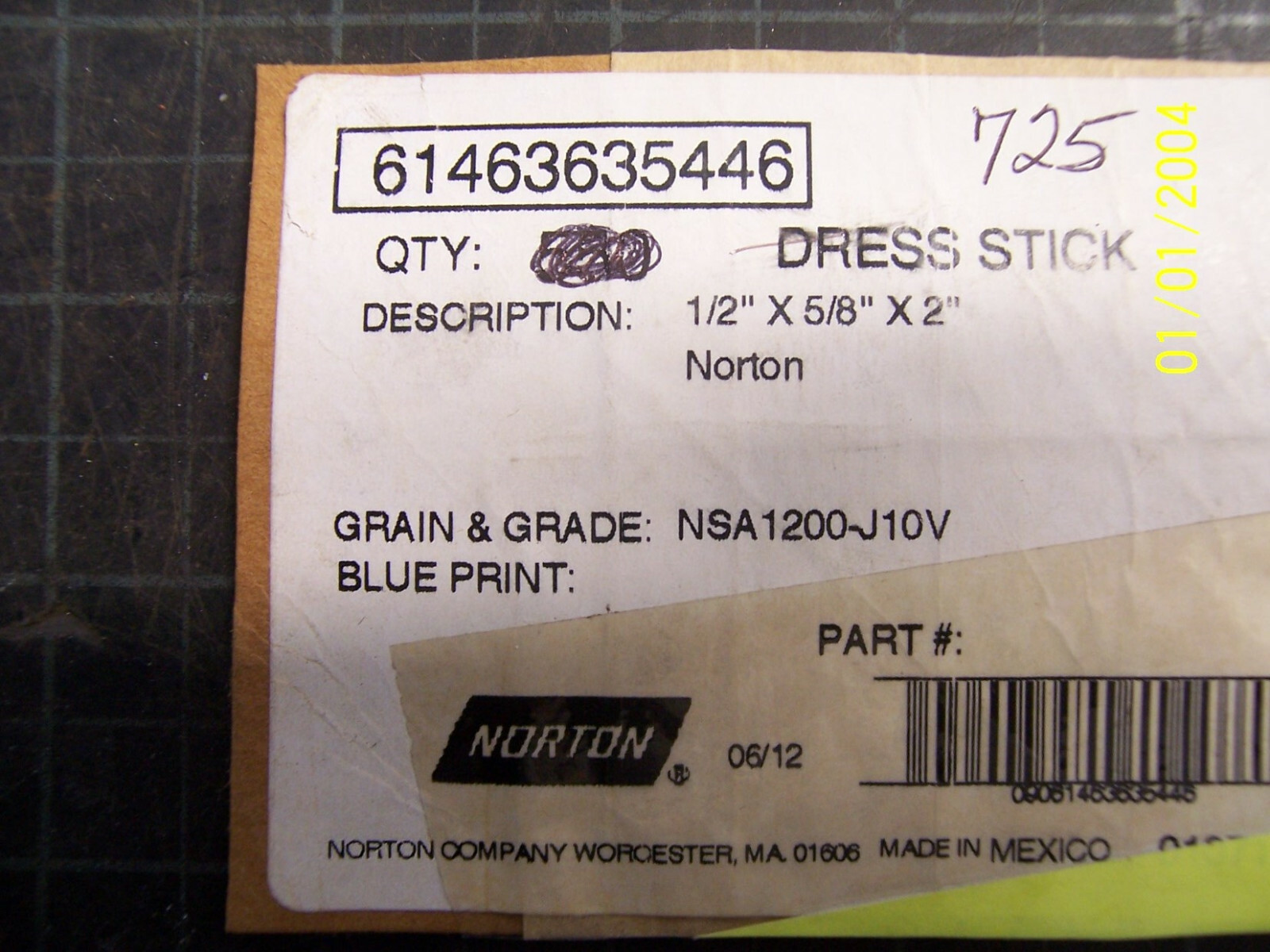 NORTON 61463635446 DRESS STICK 1/2″X5/8″X2″, NSA 1200-J10V, 25CT PKG, N.O.S.