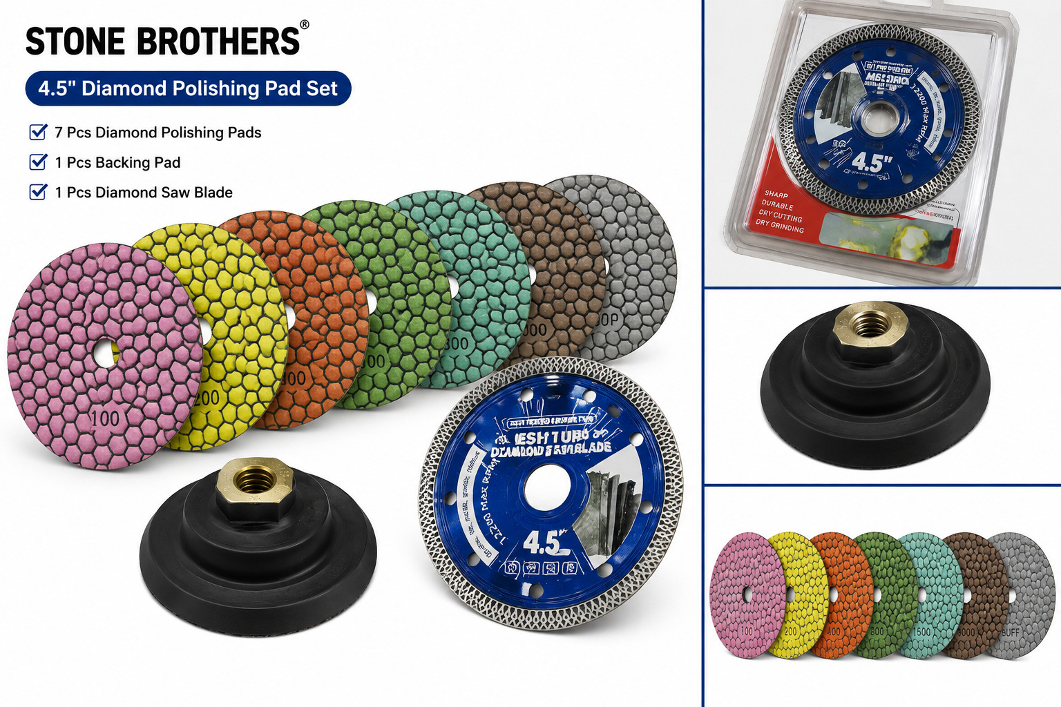 Stonebrother 4” Dry Diamond Polishing Pads 7PCS Set for Quartz Granite Marble