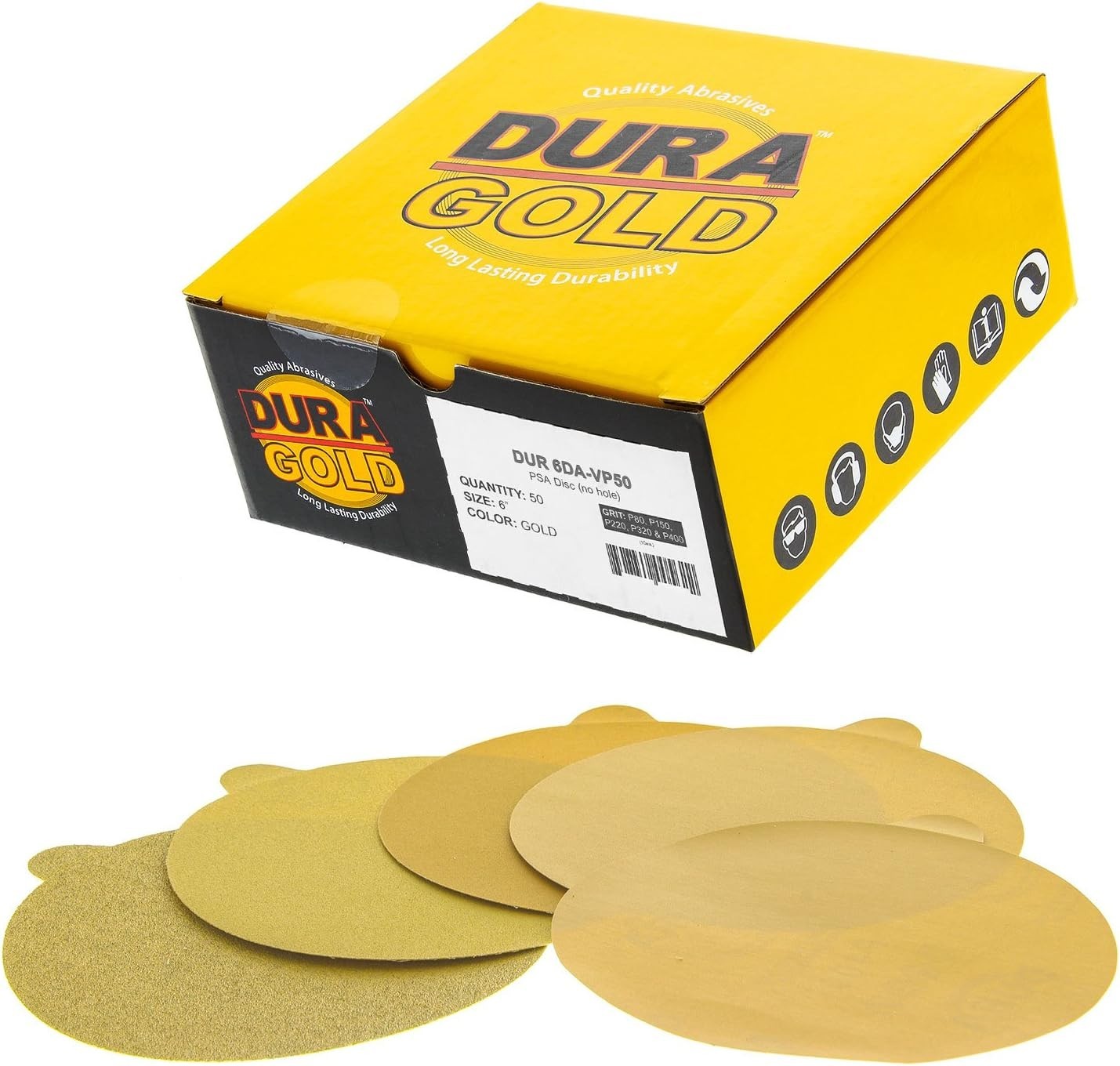 Premium 80, 150, 220, 320, 400 Grit 6″ Gold PSA Sanding Discs, 10 Each, 50 Total