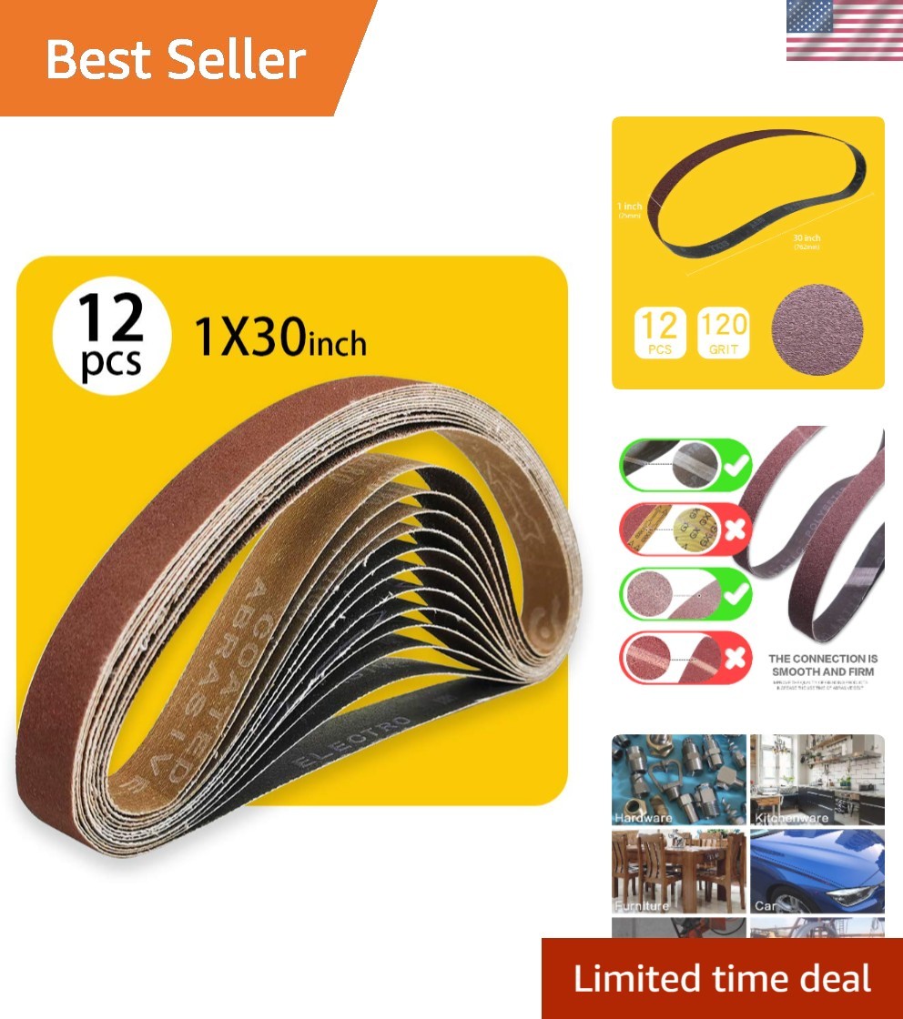 120 Grit Sanding Belt 30 Inch – Durable 12 Pack for Wood, Metal & Glass