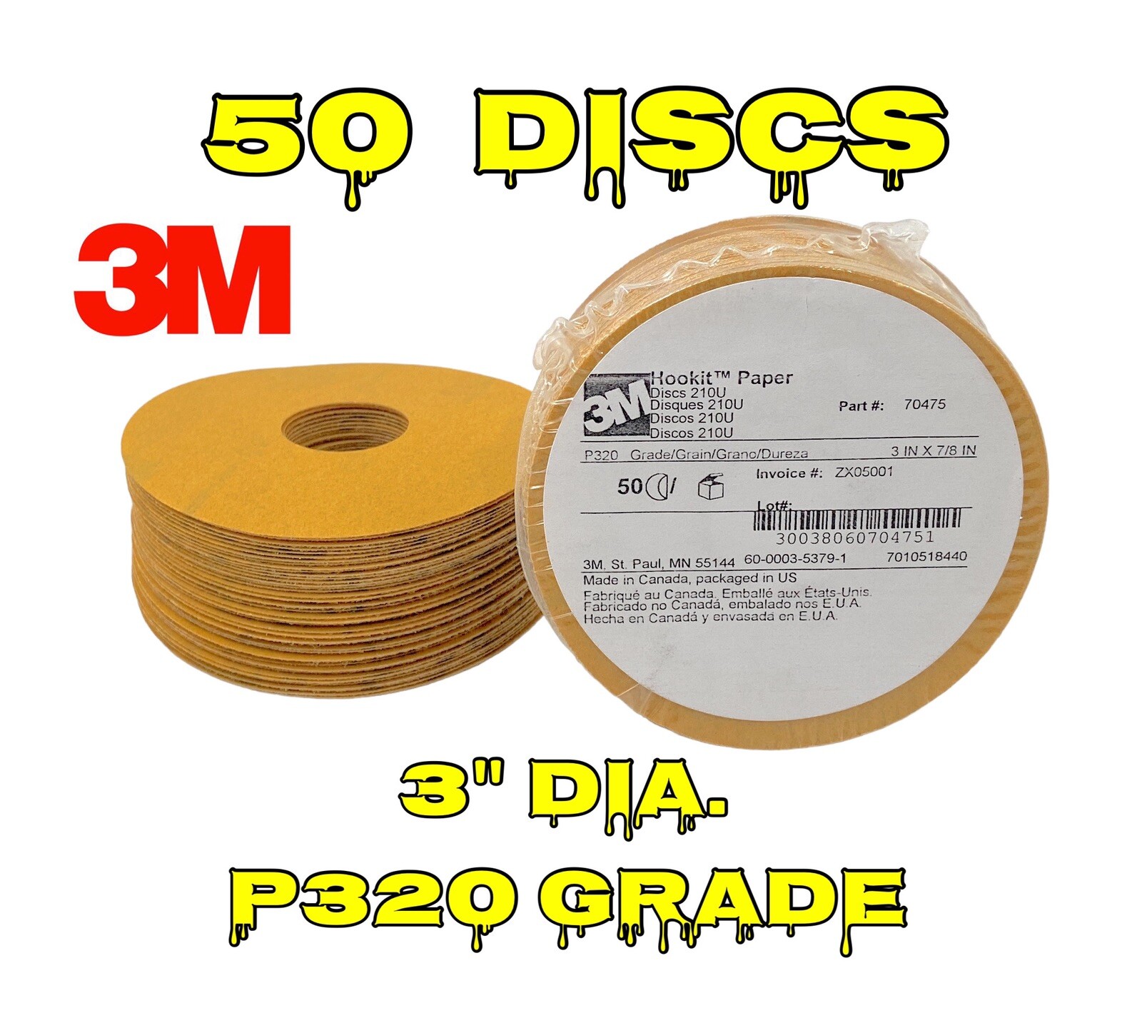 ☀️(50 Pack) 3M P320 Fine Grit 3″ Hookit Paper Sanding Finishing Disc, A/O, 210U