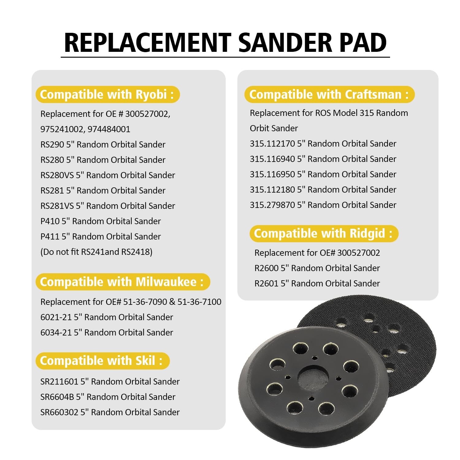 5 Inch Sander Pad 2 Pack Hook Loop Backing For Random Orbital Sanders Soft Rubbe