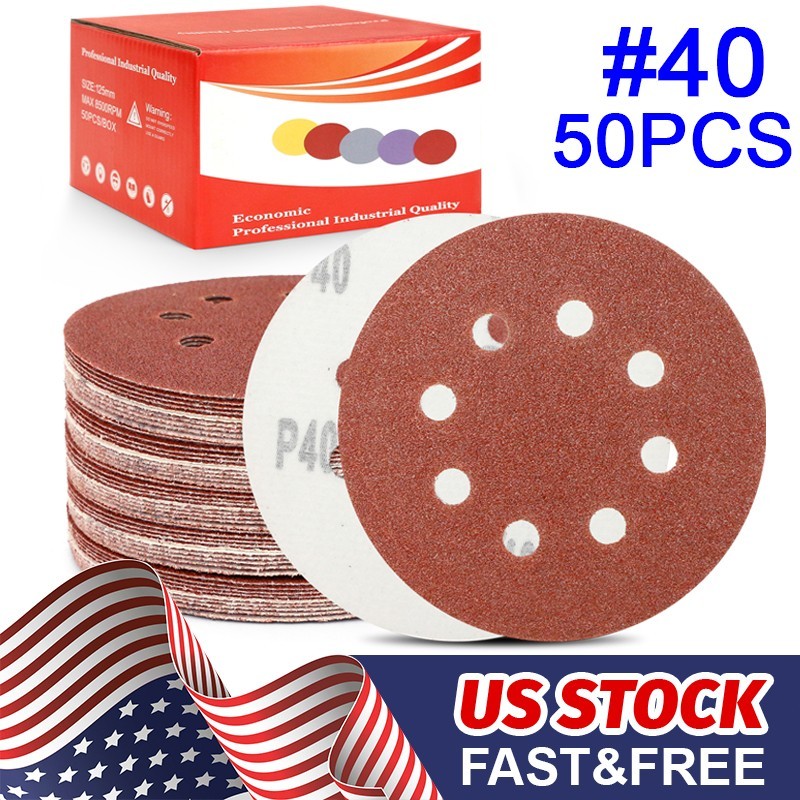 40 Grit 5″ Sanding Discs Box of 50 Hook & Loop Abrasive Sandpaper 8 Hole Wet Dry