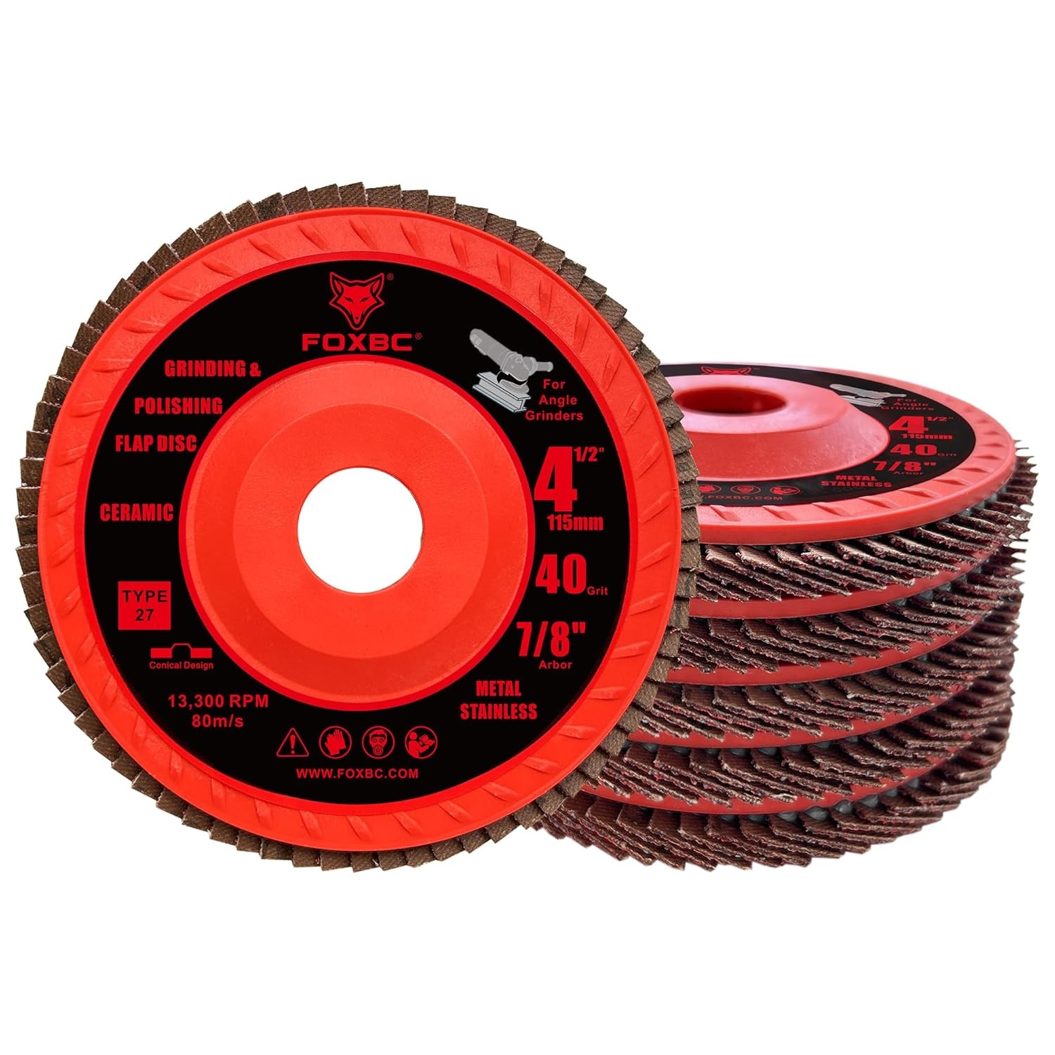 FOXBC 4-1/2 inch Ceramic Flap Disc 40 Grit with Speed HUB, Type 27, 5 Pack