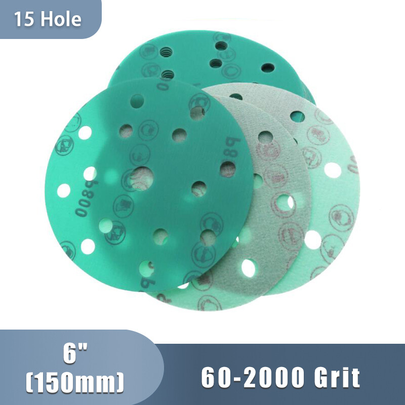 6″ 150mm 15 Hole Polyester Film Green Sandpaper Wet Dry Sanding Discs P60-P2000