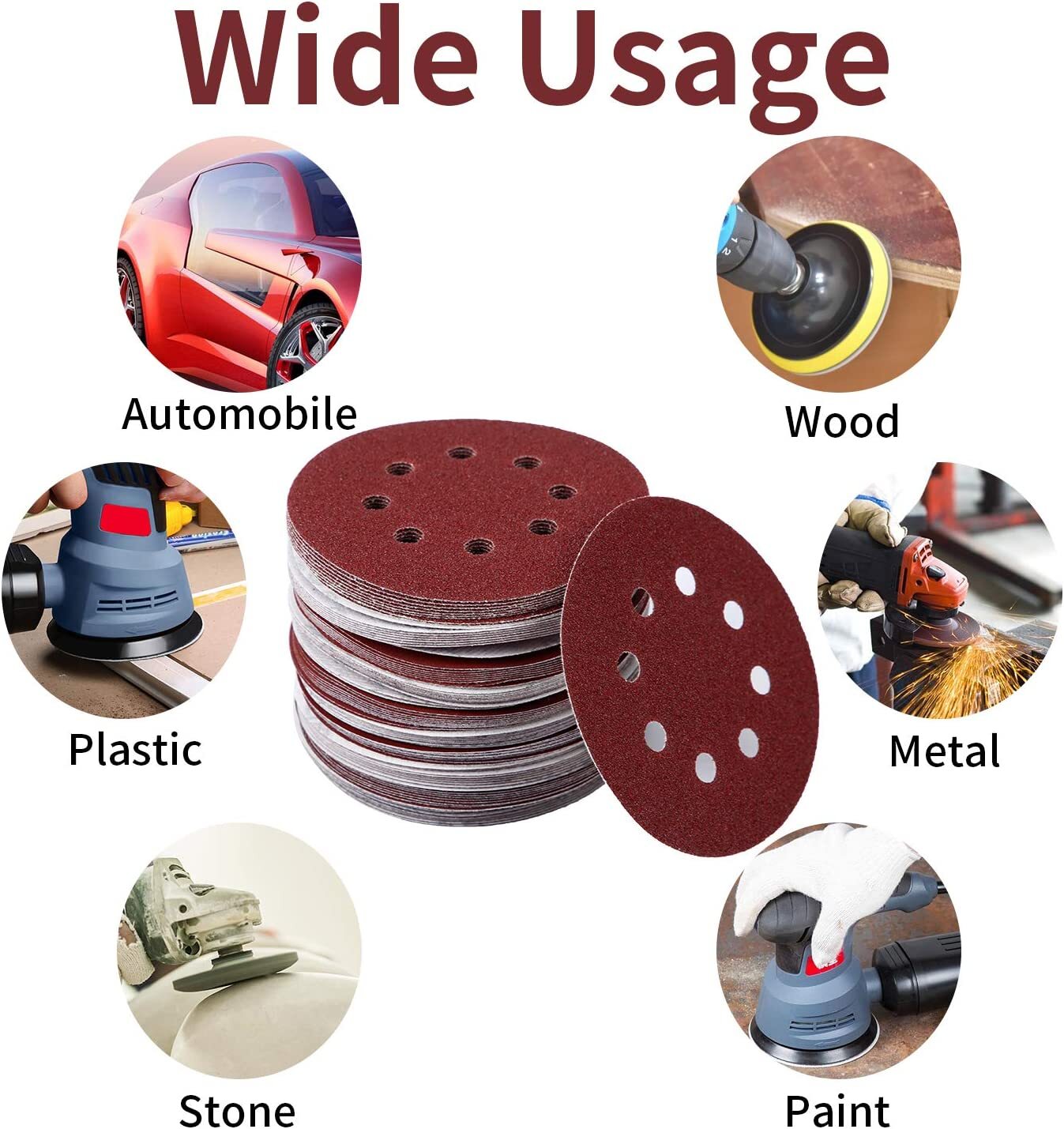 60PCS 5 Inch 8 Hole Hook and Loop Sanding Discs 240-1000 Grit Orbital Sandpaperr