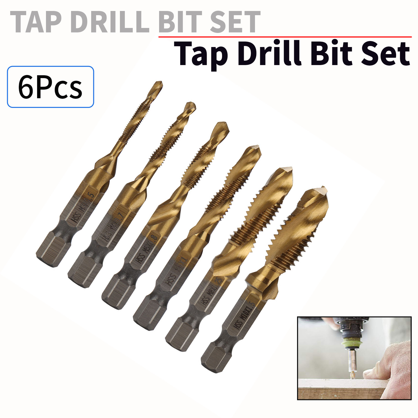 6Pcs M3-M10 Drill Spiral Tap Bits HSS 1/4” Hex Shank Metric Thread Cutter Set