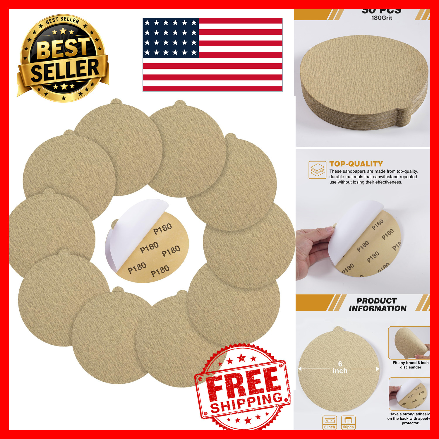 PSA Sanding Discs 6 Inch 180 Grit 50 Pack Self Adhesive Stickyback Sandpaper