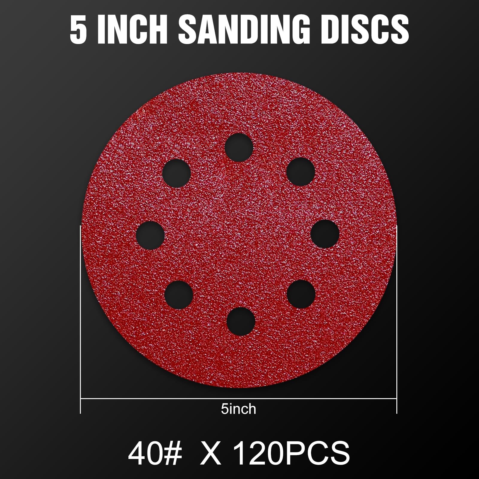 Pukamam 120 Pcs 5 inch Sanding Discs 40 Grit 8 Hole Hook and 5 inches, Red