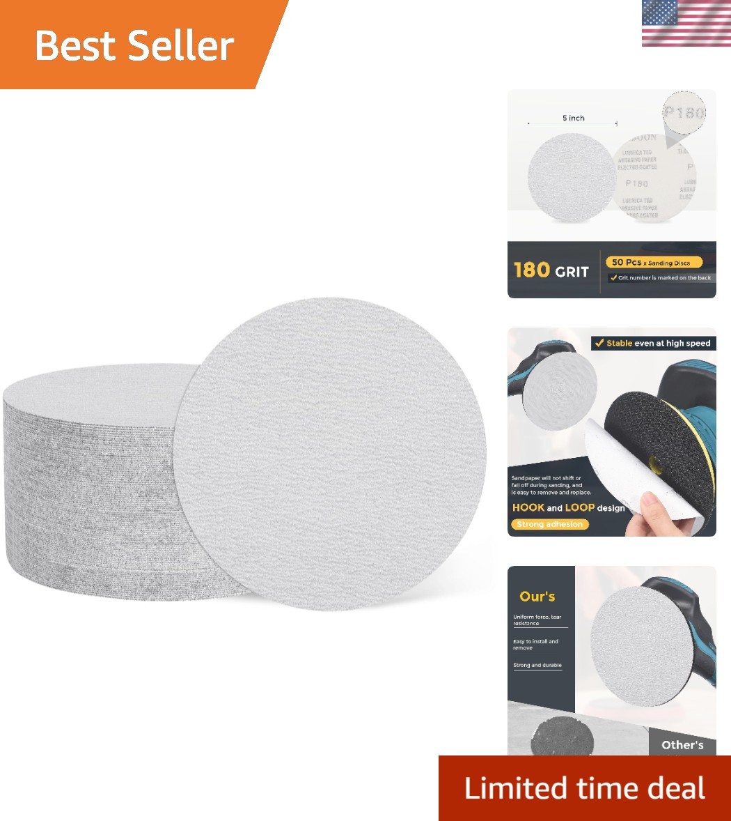 50 Count 5-Inch 180 Grit Hook and Loop Sanding Discs for Precision Finishing
