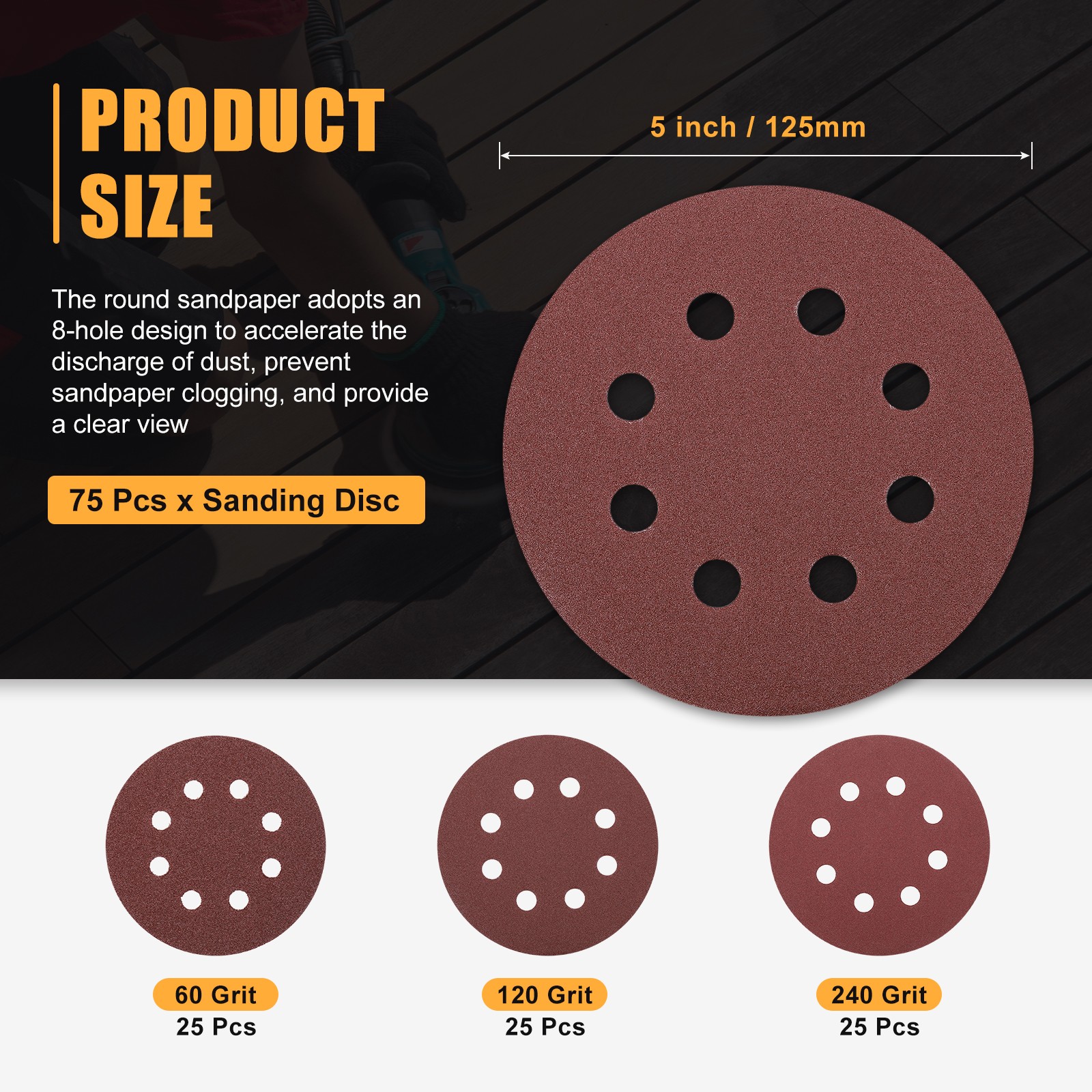 75 Pcs 125mm 5 Inch Sanding Disc 60/120/240 Grit 8 Hole Round Sandpaper