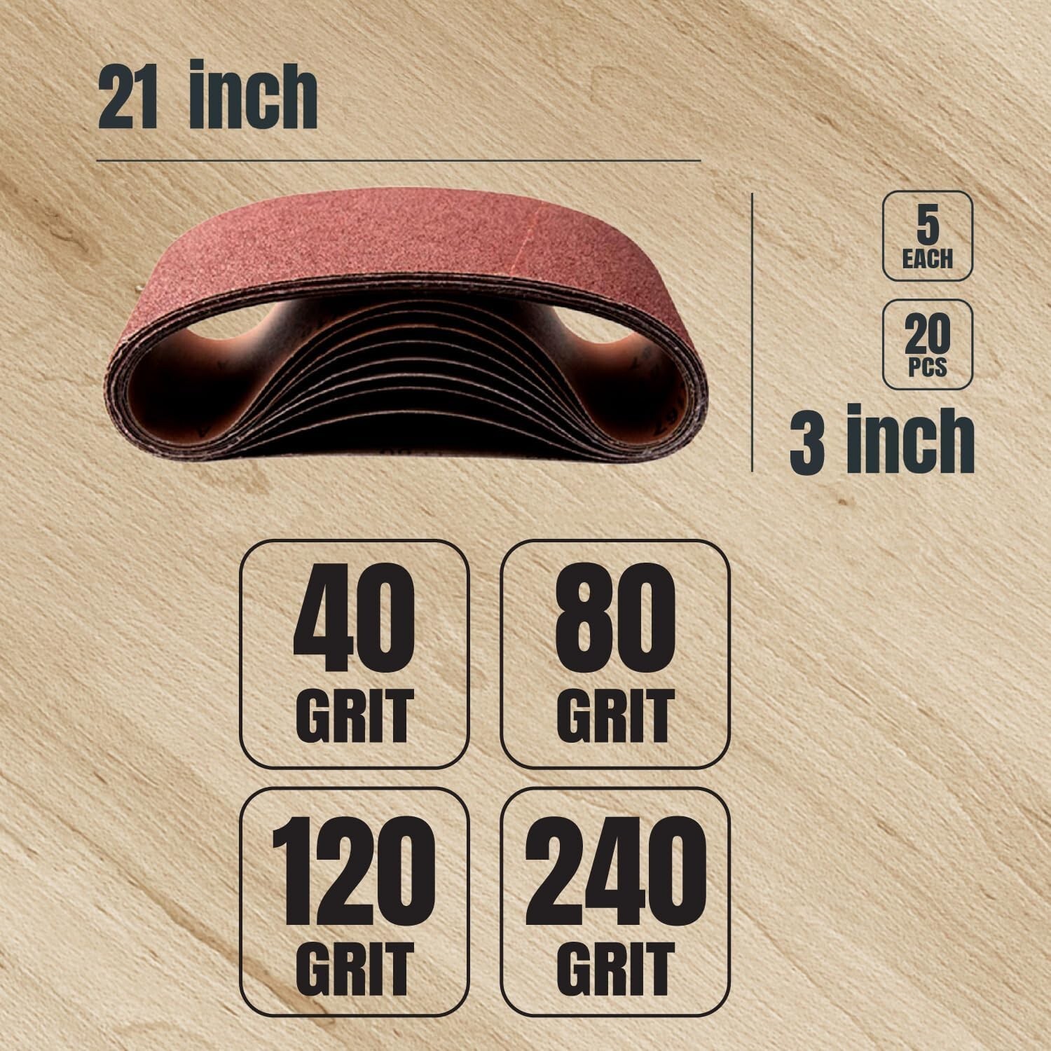 POWERTEC 3×21″ Sanding Belt Assortment 20-Pack – 40/80/120/240 Grit (5 Each)
