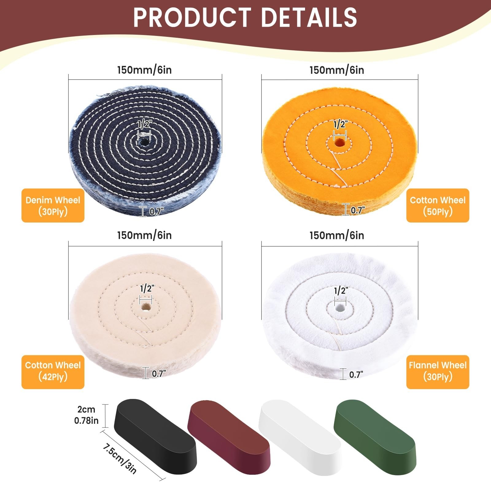 8PCS 6″ Buffing & Polishing Wheel Set for Bench Grinder, 1/2″ Arbor, Includes 4