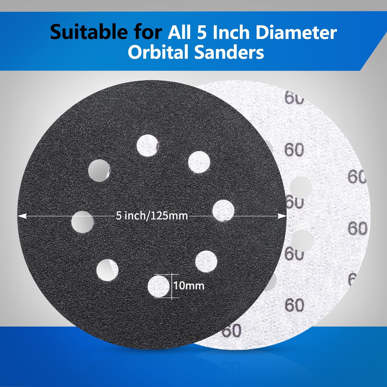 70PCS 5 Inch Hook & Loop Sanding Discs, 8 Holes 60-400 Grit