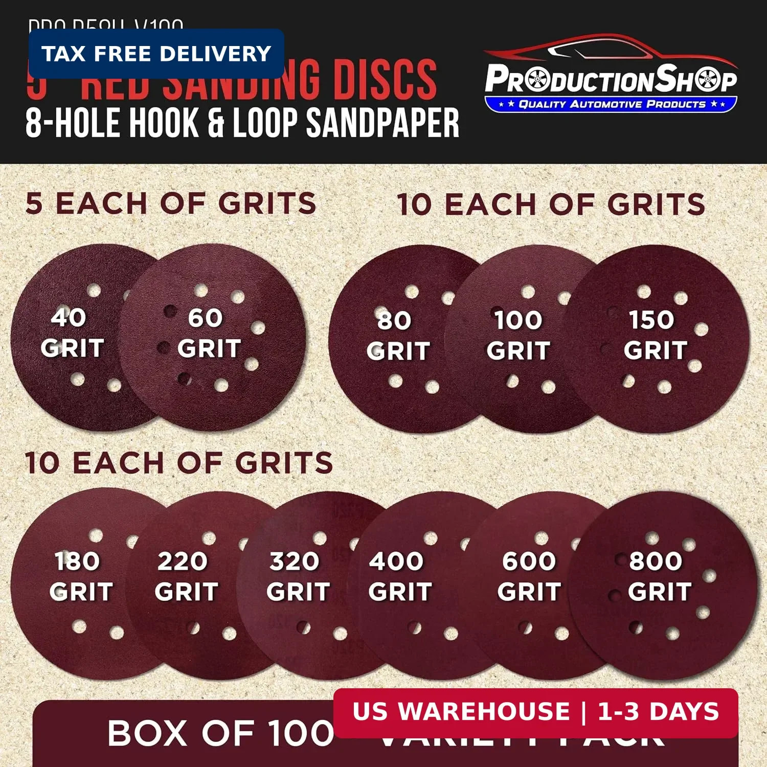160 Pack 5 inch Sanding Discs 8-Hole Red Variety Pack Grit, Hook ,Loop Sandpaper