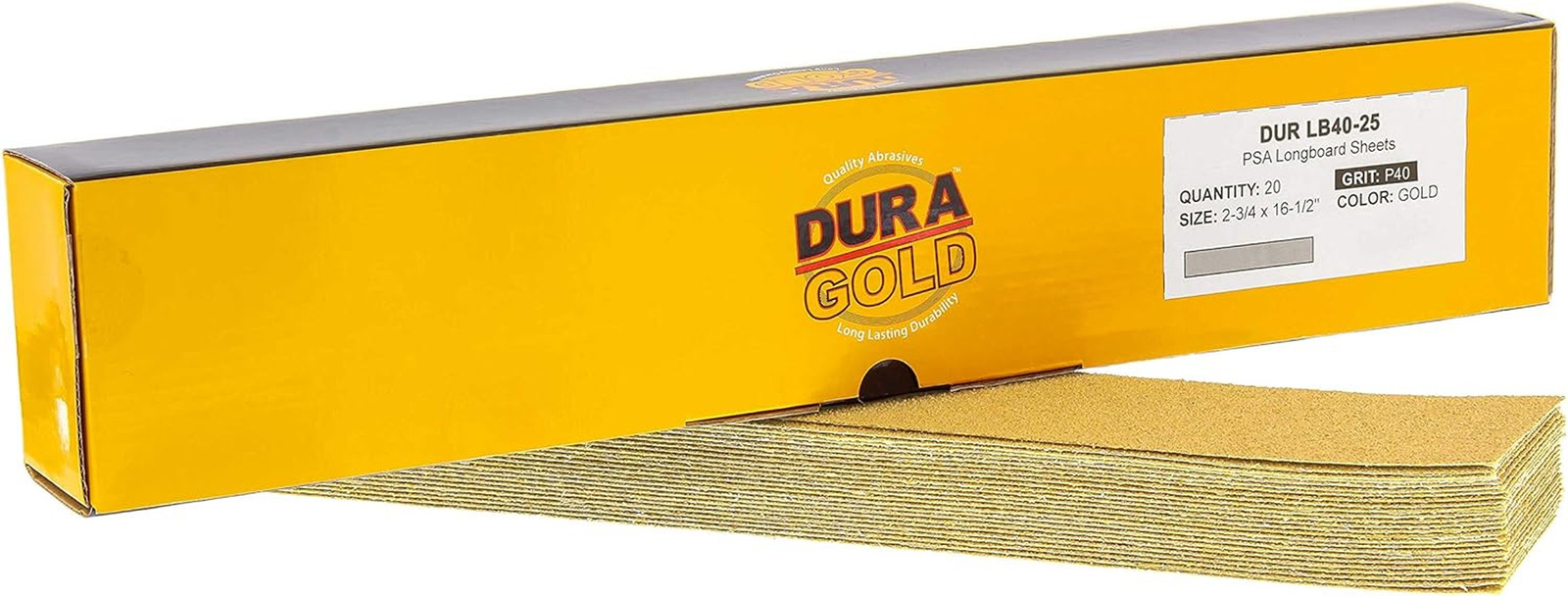 Premium 40 Grit Gold Pre-Cut PSA Longboard Sandpaper Sheets, Box of 20, 2-3/4″ X