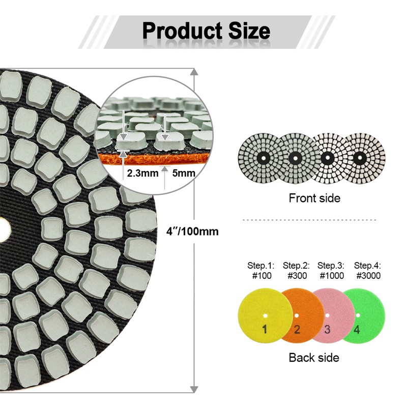 SHDIATOOL 4”/100mm 4 Steps Wet and Dry Resin Square Sanding Discs 4pcs