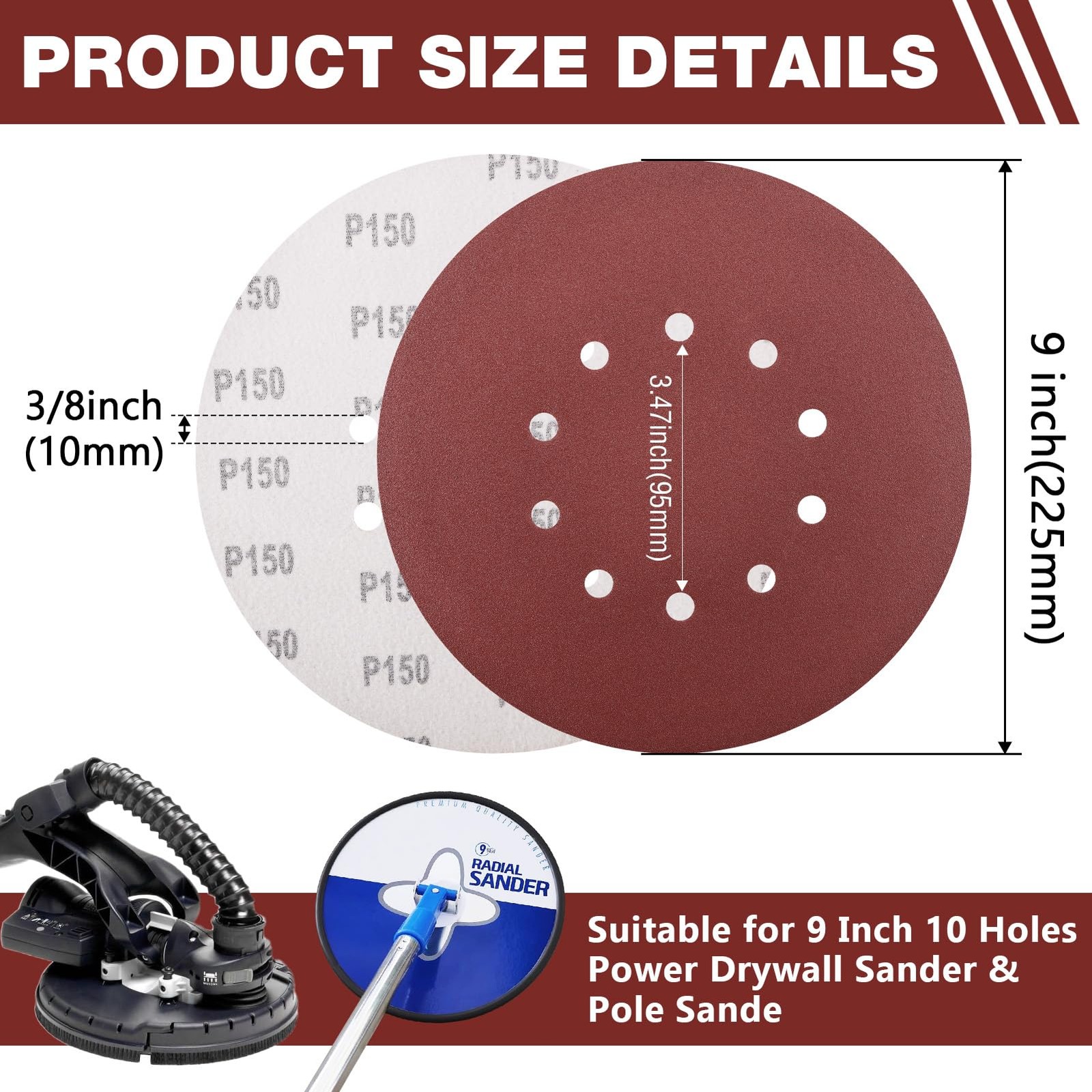 50 Pack 9-Inch 10-Hole Hook-and-Loop Sanding Disc, 240 Grit Aluminum Oxide Dr…