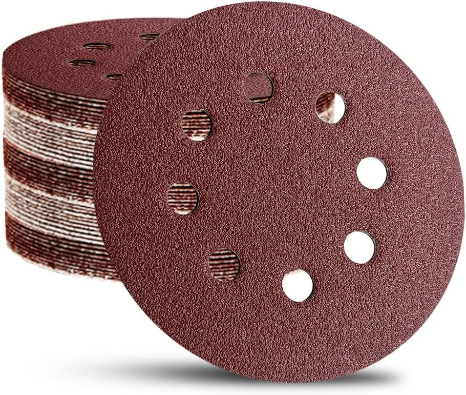 52 Pack 5 Inch 8-Hole Hook and Loop Sanding Discs Sandpaper Red Round 80 Grit Sa