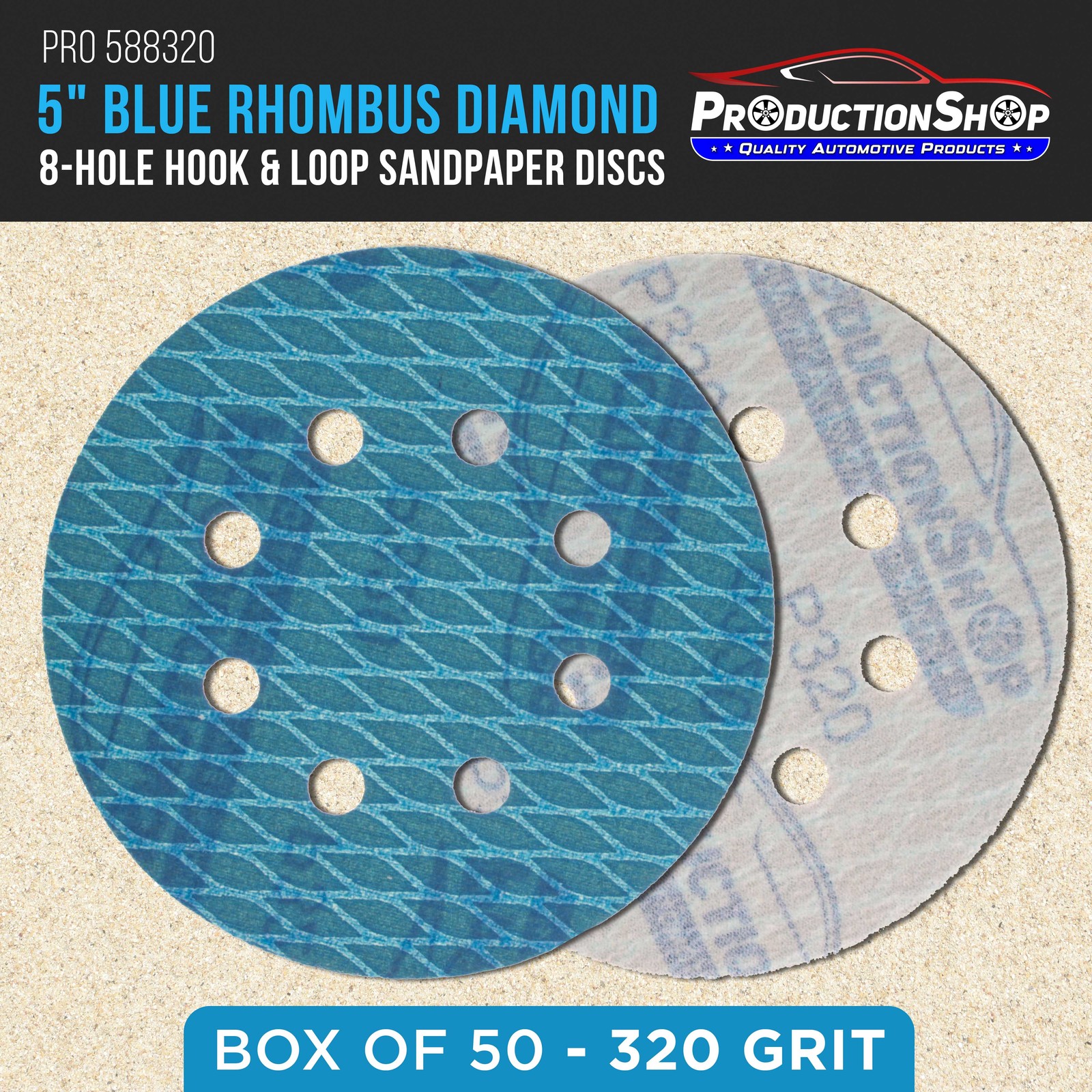 320 Grit 5″ Diamond Shape Sanding Discs, 8-Hole, Box of 50 Hook & Loop Sandpaper