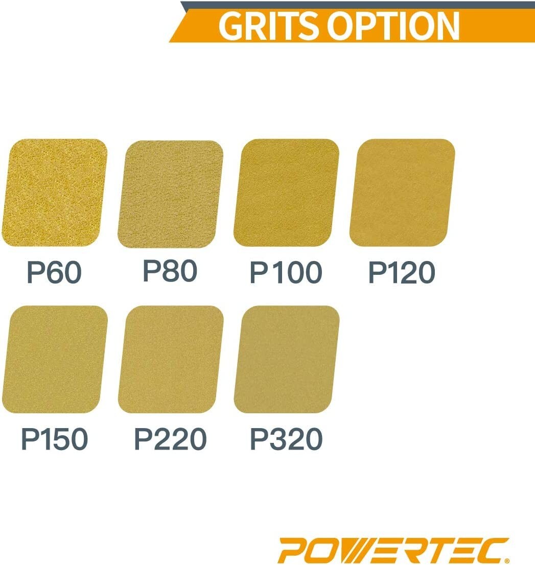 POWERTEC 45222G-50 Gold 6″ Hook and Loop Sanding Disc, 6 Hole, 220 Grit, 50 PK