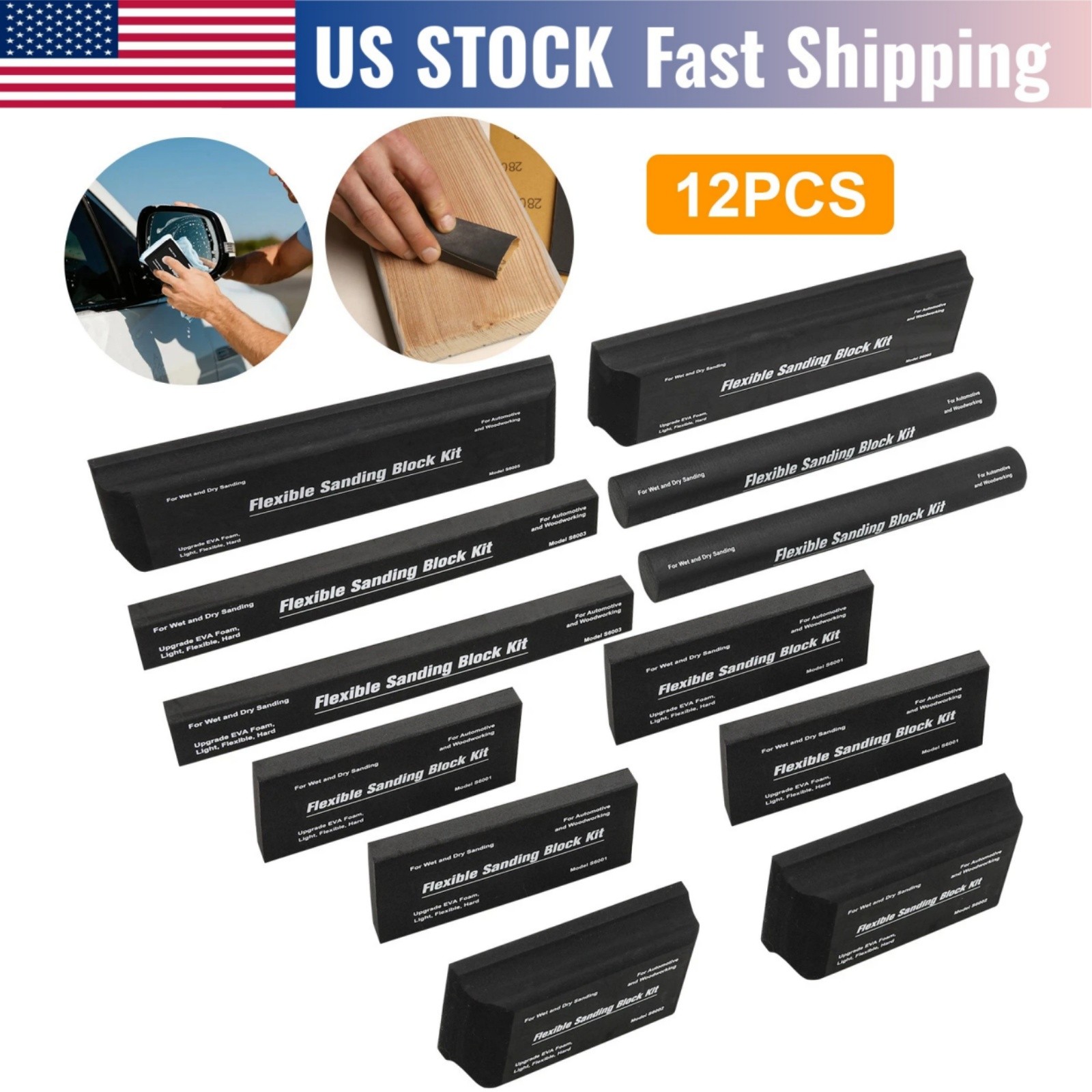 12 PCS Sanding Block Kit Flexible EVA Foam Reusable Wet & Dry Use DIY Black