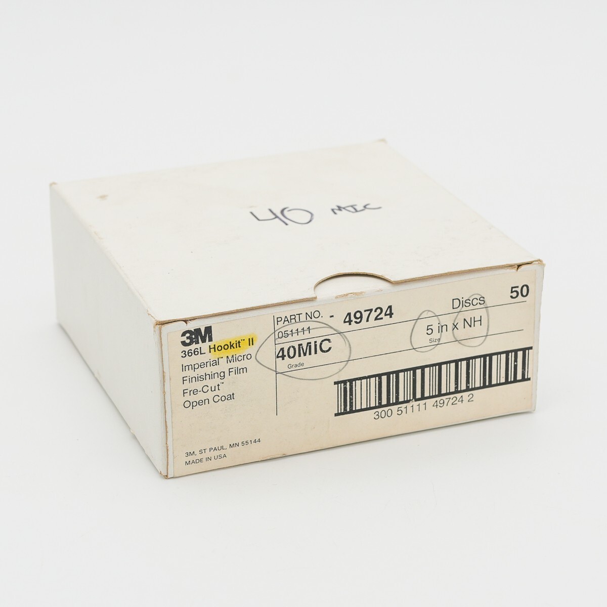 3M Hookit II Microfinishing Film Disc 366L, 40 Mic, 5 in x NH (box of 50)