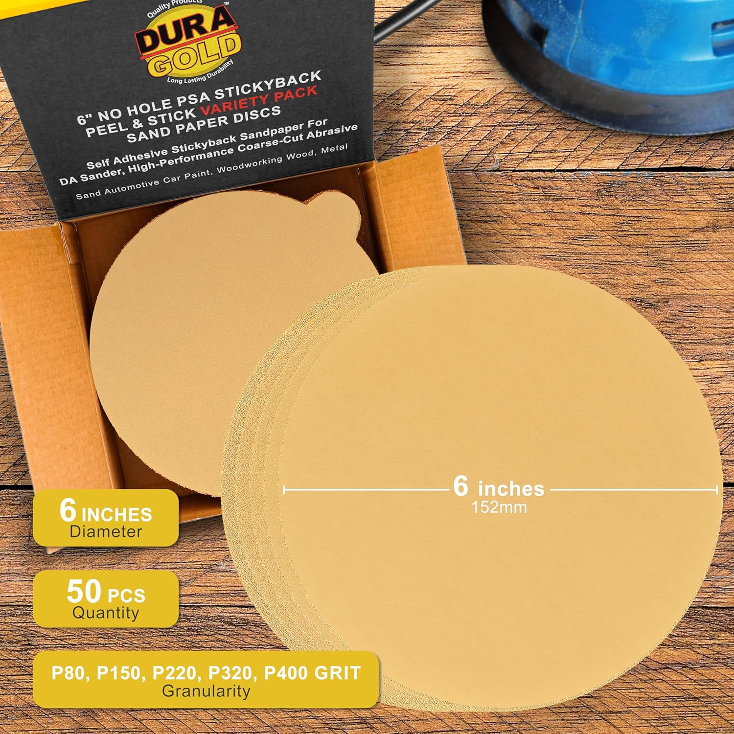 Dura-Gold Premium 80, 150, 220, 320, 400 Grit 6″ Gold PSA Sanding Discs, 10 Each