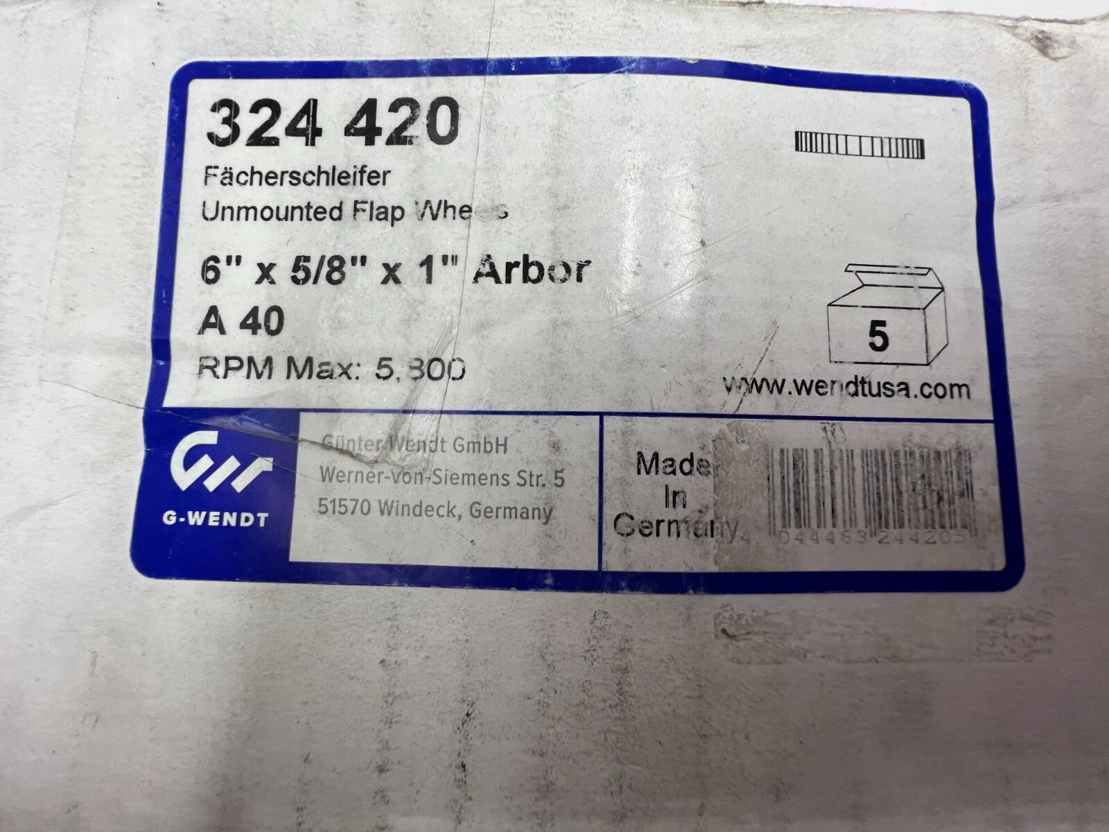 Box of 5 – G-WENDT Unmounted Flap Wheels 6″ x 5/8″ x 1″ Arbor A 40, 324 420
