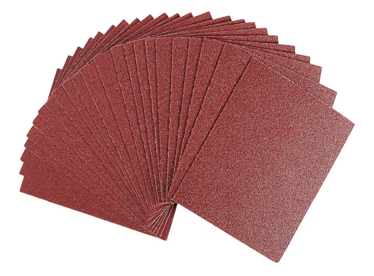 50 Pack 1/4 Sandpaper Sheet – 4-1/2” x 5-1/2”, P60 Grit, Red Aluminum Oxide, Pla
