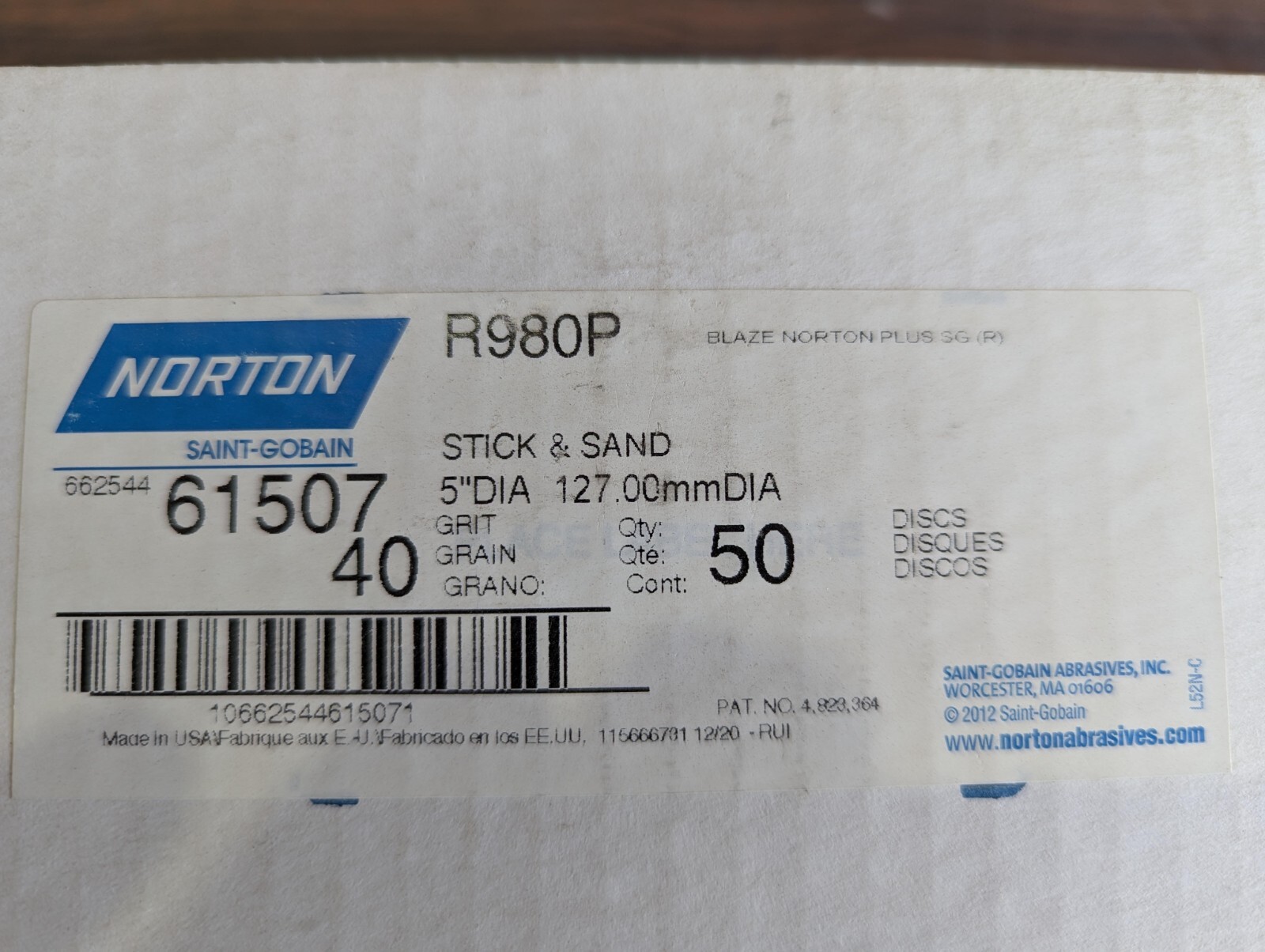 Norton Blaze Ceramic 61507 5″ 40 grit psa sanding disc box of 50
