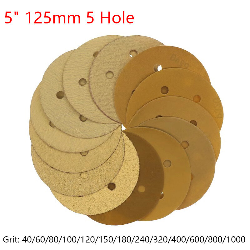 125mm 5 Hole Sanding Discs 40-1000 Grit Hook Loop Sandpaper Yellow Dry Grinding