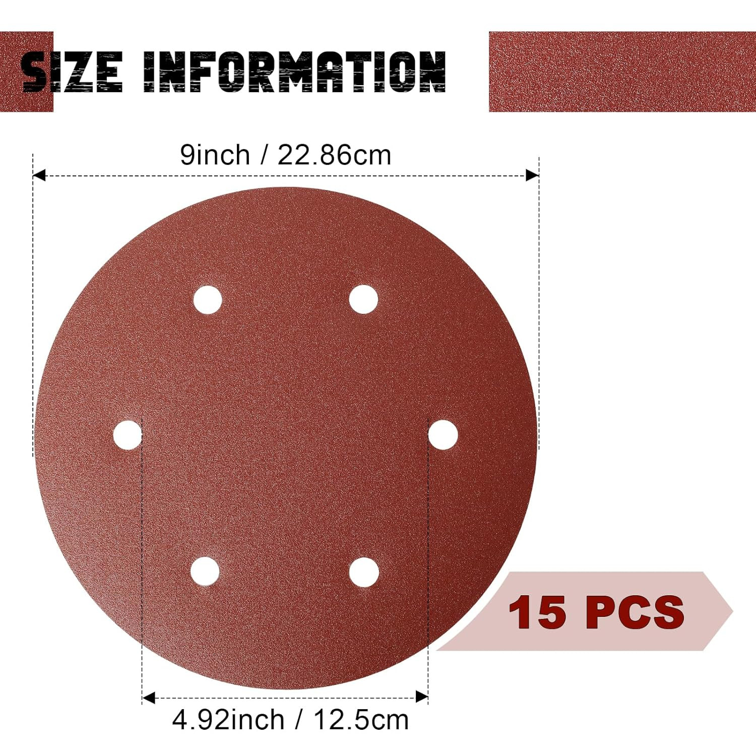 9 Inch 6 Hole Sanding Disc, 40 Grit 15 Pieces Hook and Loop Sandpaper Aluminum
