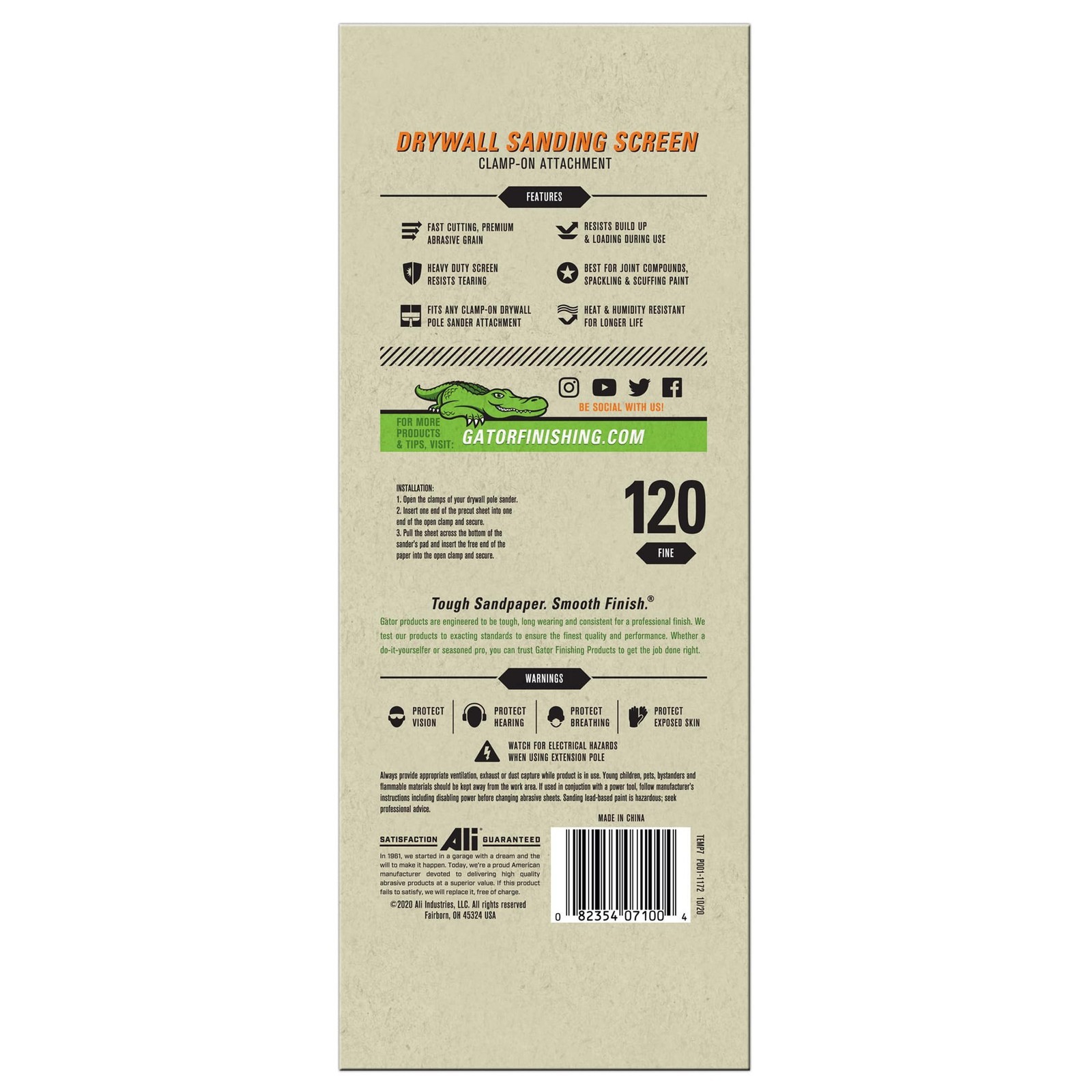 Gator 7100 Fine 120-Grit Drywall Sheet Sandpaper, 4.25 x 11.25 Inch, 25 Sheets