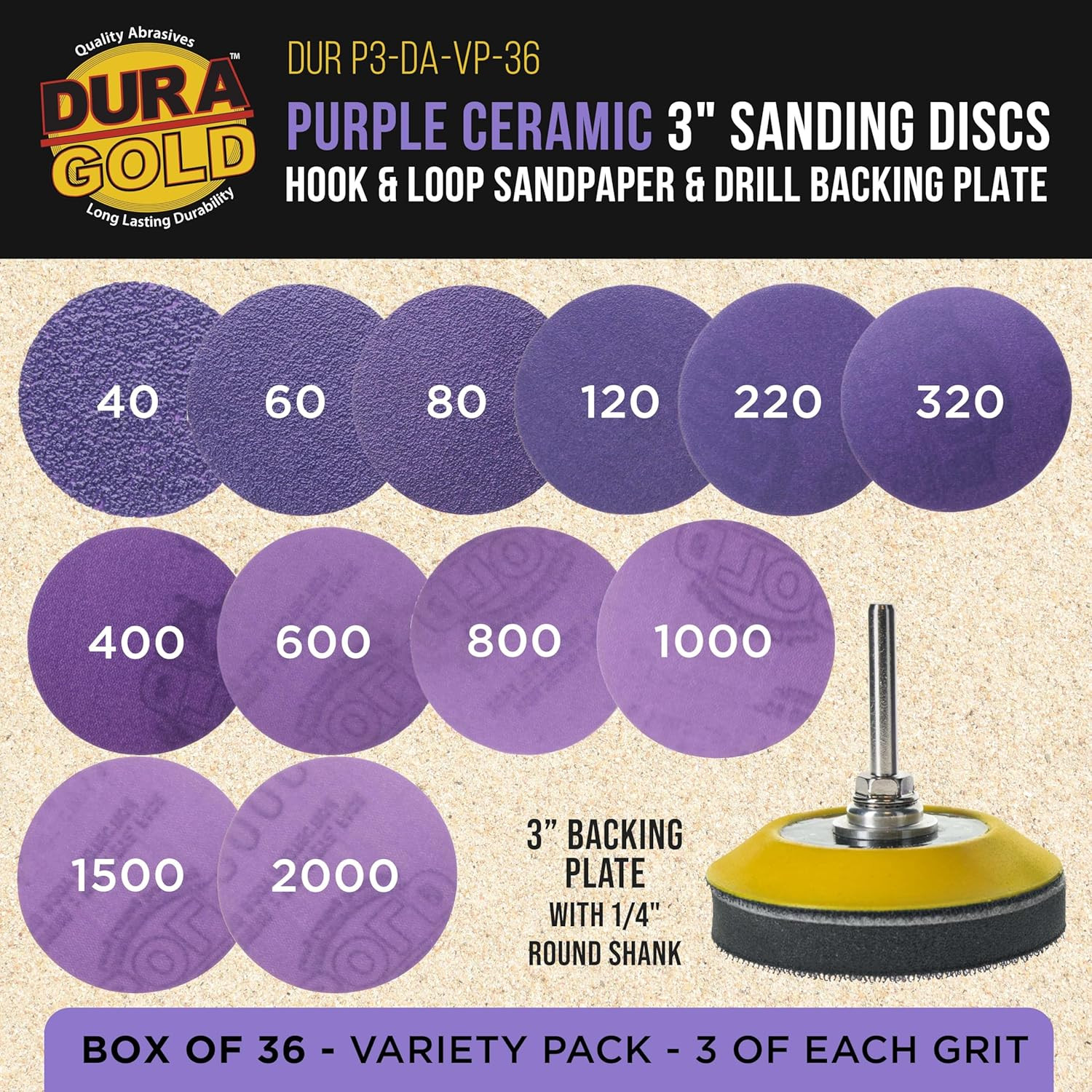 Dura-Gold Premium 3″ Purple Film Ceramic Sanding Discs, 36 Disc Variety Pack, Gr
