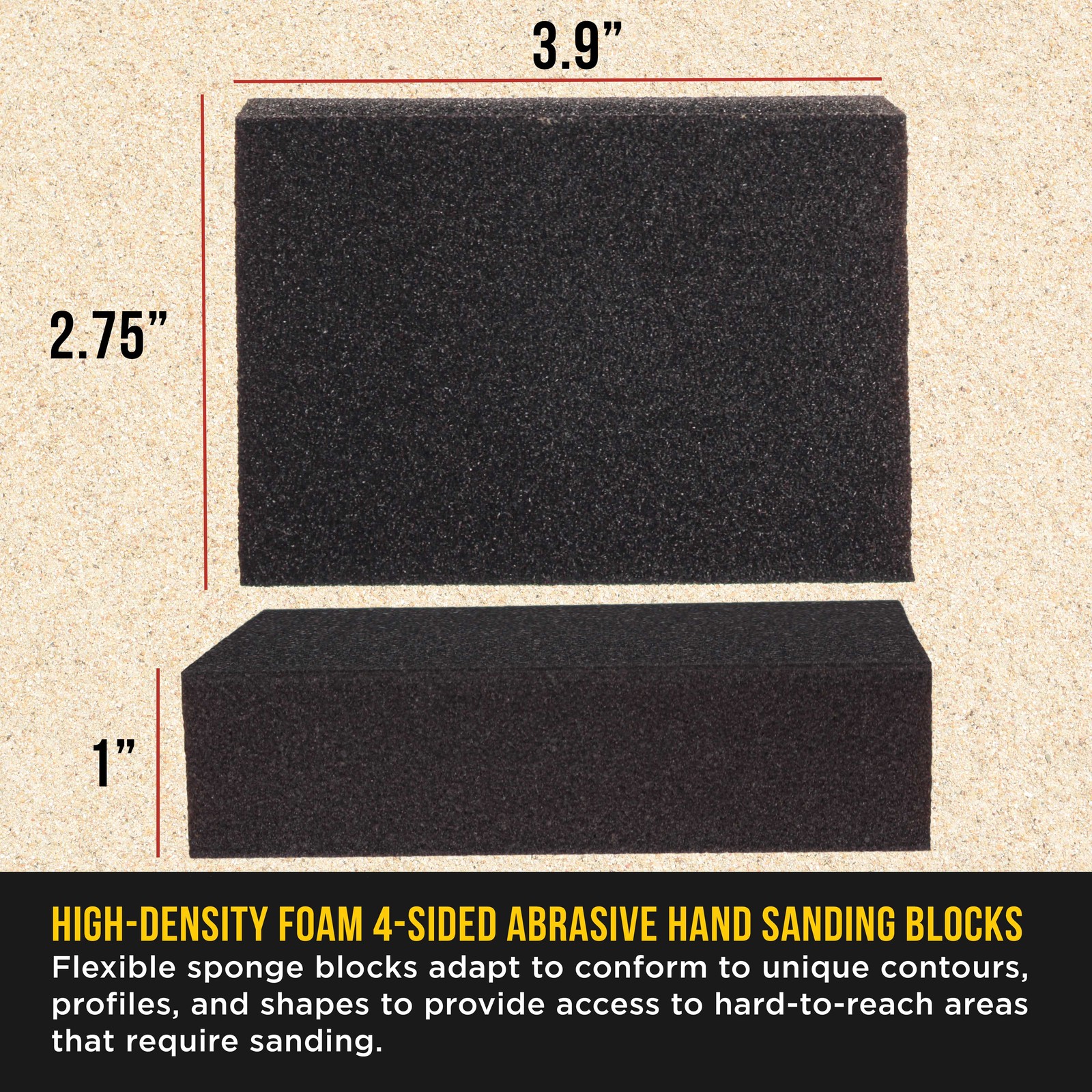 80 Grit 4-Sided Hand Sanding Block Sponges, 6/Box – 3.9″ x 2.75″ x 1″ Wet or Dry