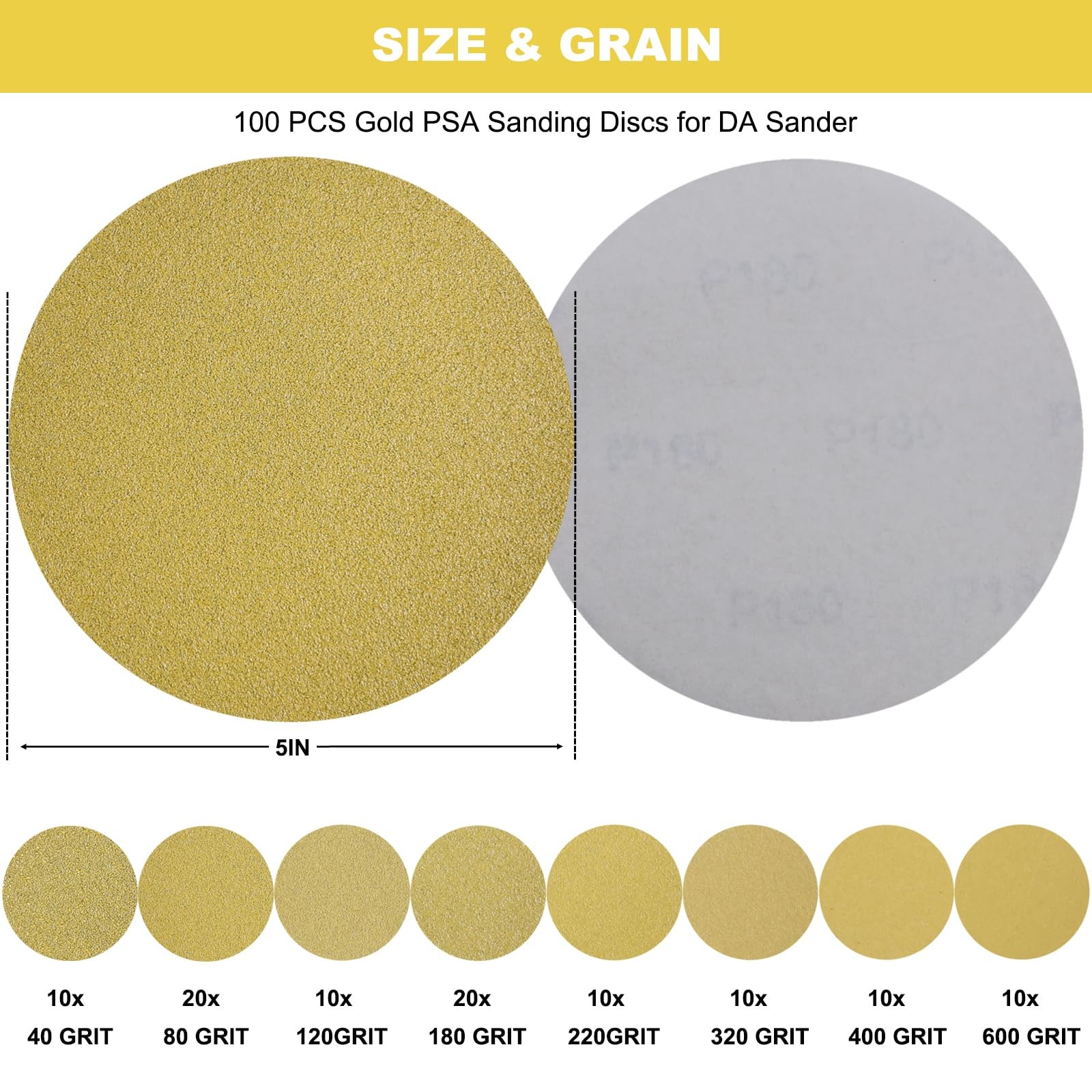 100 Pcs 5 Inch Sanding Discs Grit Assorted PSA Self Adhesive DA Sander Wood Meta