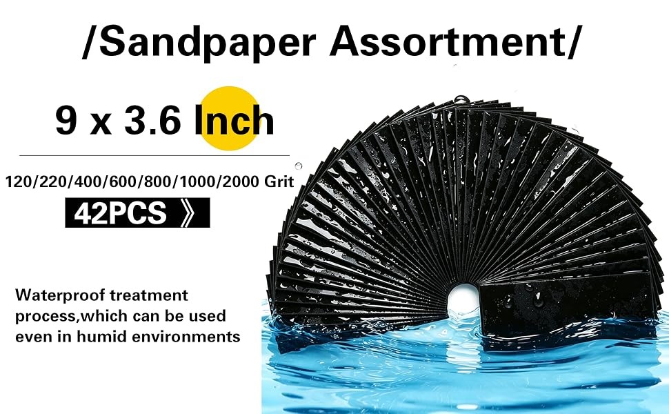 42Pcs Sandpaper Assortment,120/220/400/600/800/1000/2000 Grit, 9 x 3.6 Inch, Wet